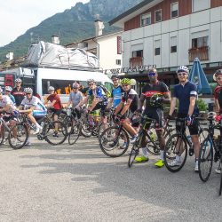 Group awaiting departure at the start of the Dolomites Classics road cycling holidays