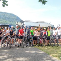 Group photo at the start of the Marmot Tours classic cols of the alps road cycling holiday