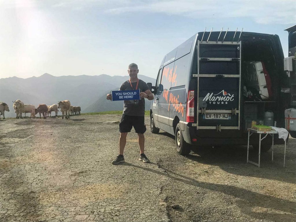 Marmot Tours road cycling guide with support van in French Pyrenees