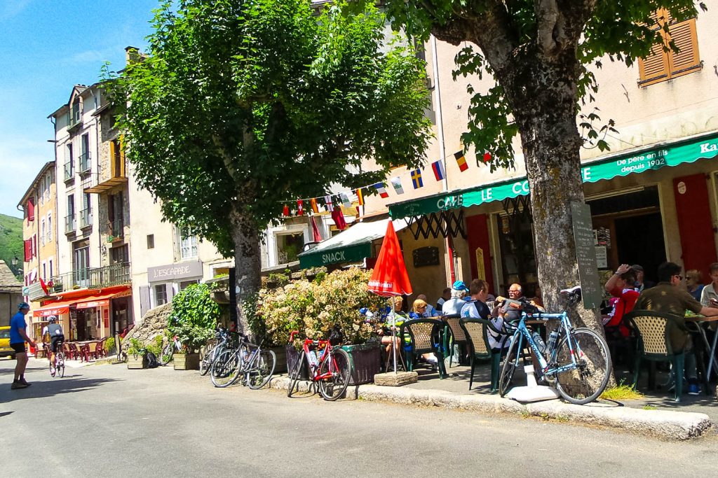 Cafe in sunshine on Marmot Tours road cycling holidays in France Cevennes and Ardeche