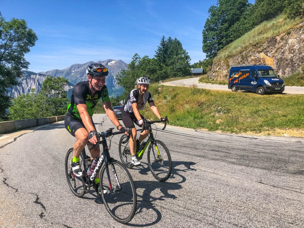 Cyclists on Marmot Tours road cycling holiday Alpe d'Huez French Alps with support van