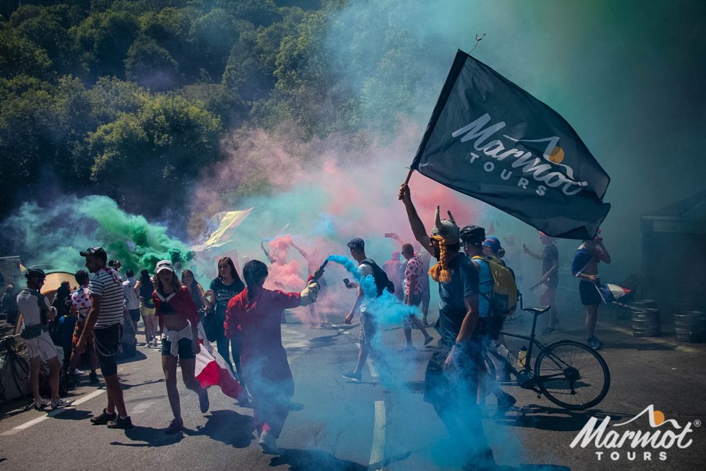 Party scene on Dutch Corner of L'Alpe d'Huez on Tour de France