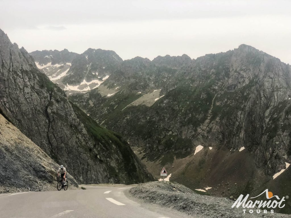 Cyclist climbing Cl du Tourmalet on Marmot Tours Road Cycling Holidays in Pyrenees France