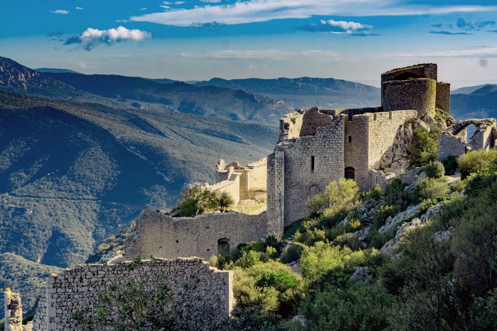 Peyrepertuse castle in Languedoc south of France on Marmot Tours road cycling cycling holiday foothills of the Pyrenees