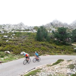Pair of cyclists climbing steep road on road cycling tour of Sardinia with Marmot Tours road cycling holidays