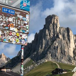 Passo Giau sign on Marmot Tours guided road cycling tour of Dolomites Italy