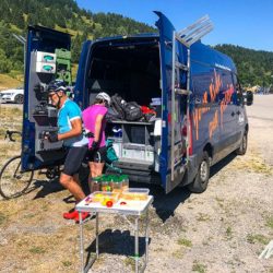 Cyclists enjoying support from Marmot Tours support vehicle on guided cycling tour of French Alps