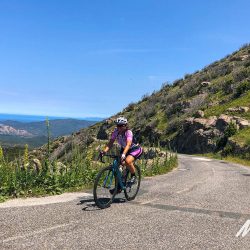Cyclist enjoying sunny road with coastal backdrop on Marmot Tours road cycling holiday on Corsica