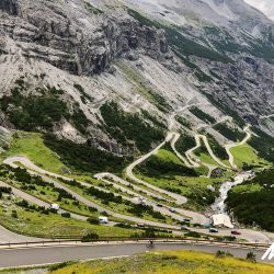 Hairpin bends of Passo dello Stelvio cycling climb on Marmot Tours Raid Dolomites cycling challenge