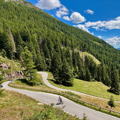 Cyclist climbing manghen pass on Marmot Tours road cycling holiday surrounded by pastures valleys and mountain peaks