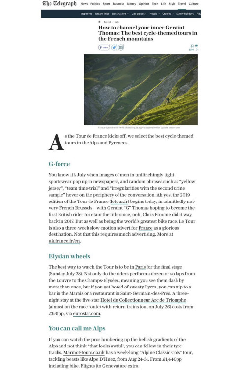 Telegraph online article featuring Marmot Tours Alpine Classic Cols full support road cycling holiday