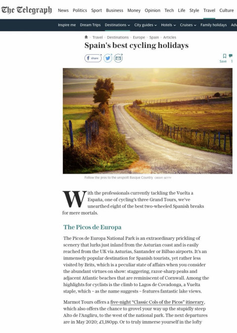 Telegraph online feature on Marmot Tours Picos de Europa full support road cycling holiday