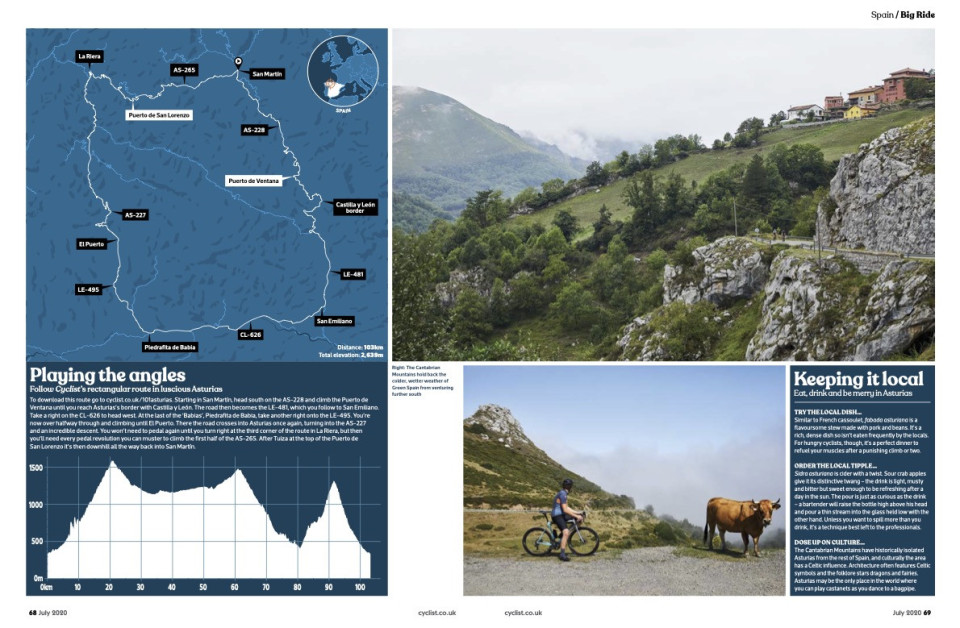 Cyclist magazine double page marmot tours article asturias page 3 June 2020