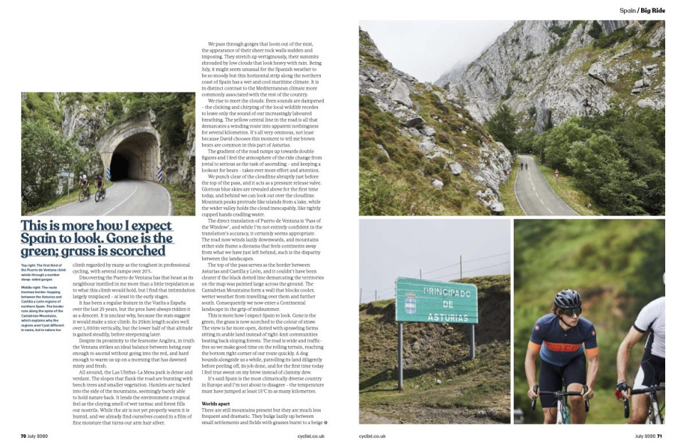 Cyclist magazine double page marmot tours article asturias page 4 June 2020