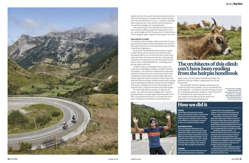 Cyclist magazine double page marmot tours article asturias page 8 June 2020
