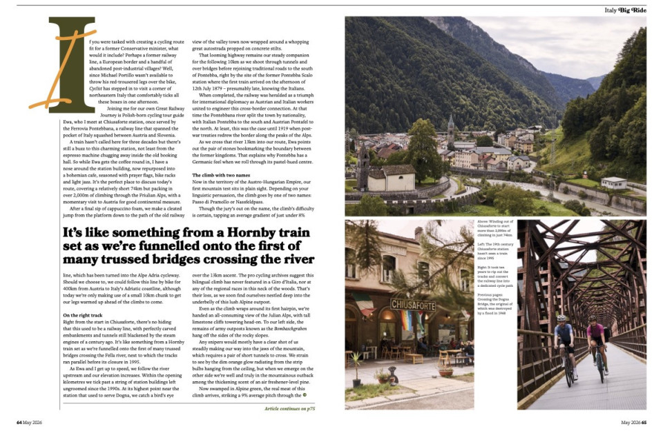 Cyclist magazine may 2026 showing two cyclists riding nassfeld passo di pramollo with marmot tours cycling guide