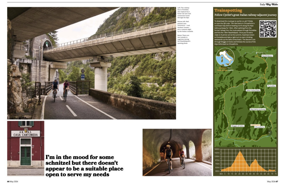 Cyclist magazine may 2026 showing two cyclists riding nassfeld passo di pramollo with marmot tours cycling guide