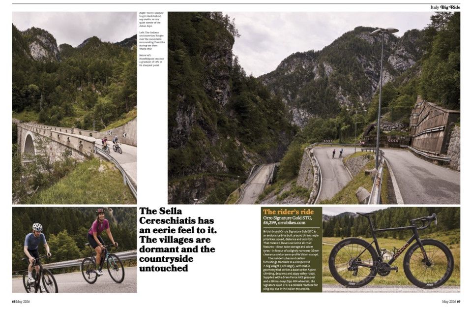 Cyclist magazine may 2026 showing two cyclists riding nassfeld passo di pramollo with marmot tours cycling guide