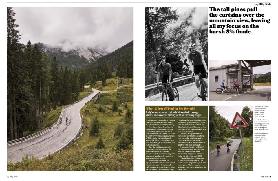 Cyclist magazine may 2026 showing two cyclists riding nassfeld passo di pramollo with marmot tours cycling guide