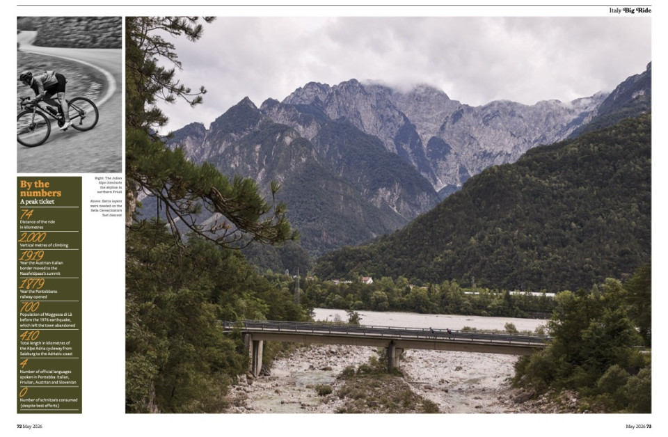 Cyclist magazine may 2026 showing two cyclists riding nassfeld passo di pramollo with marmot tours cycling guide