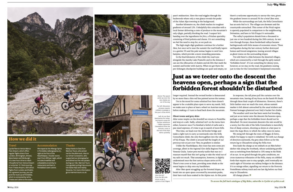 Cyclist magazine may 2026 showing two cyclists riding nassfeld passo di pramollo with marmot tours cycling guide