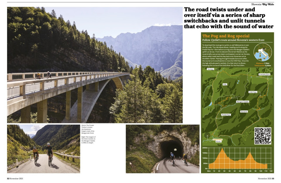 Cyclist magazine double page marmot tours article slovenia page 3 November 2025