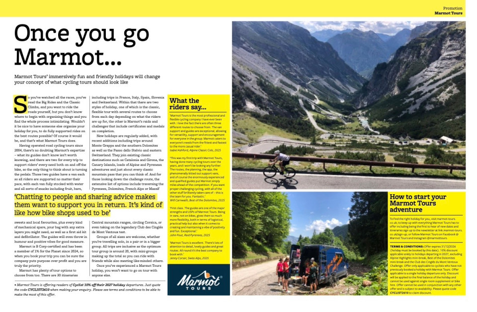 double page spread advertorial on marmot tours in cyclist magazine issue 177