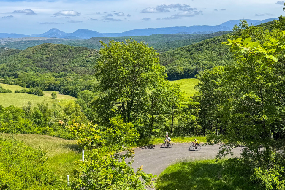 pair of cyclists on cycling climb in pyrenean foothills surrounded by lush woods and pasture on marmot tours cycling holiday
