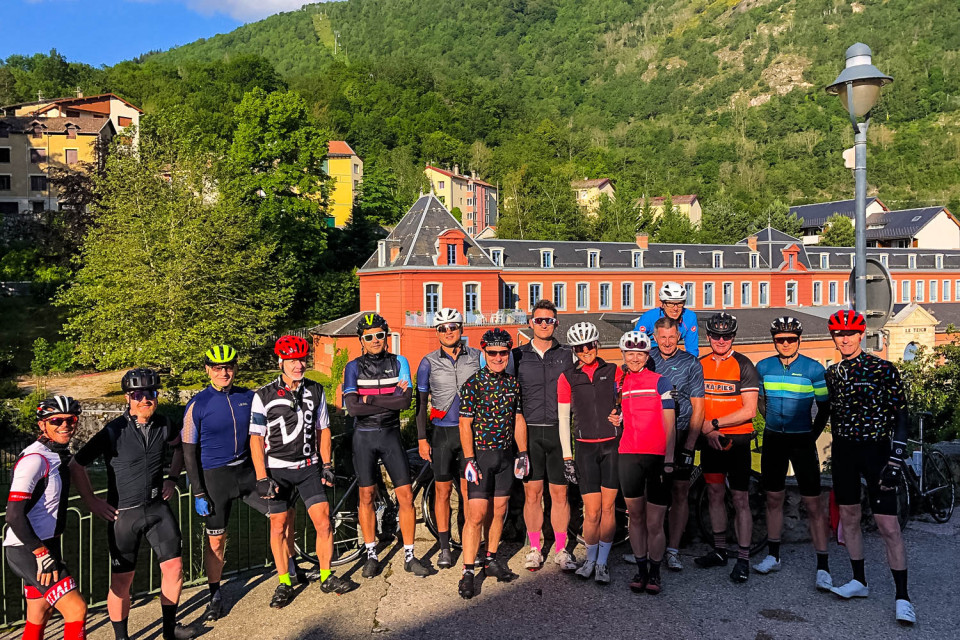 Group of cyclists pose for photo on guided cycling holiday French Pyrenees with Marmot Tours