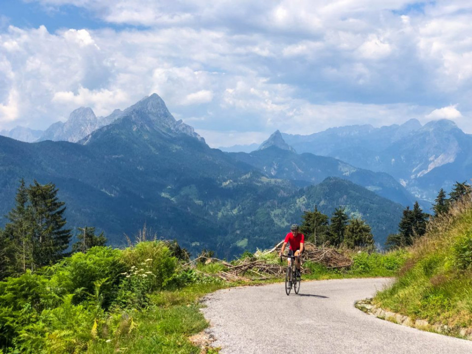 Cyclist climbing Sella Ciampigotto Italy Slovenia cycling holiday with Marmot Tours