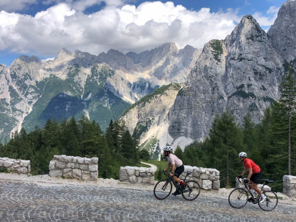 Two cyclists on Vrisic Pass Slovenia cycling holiday with Marmot Tours