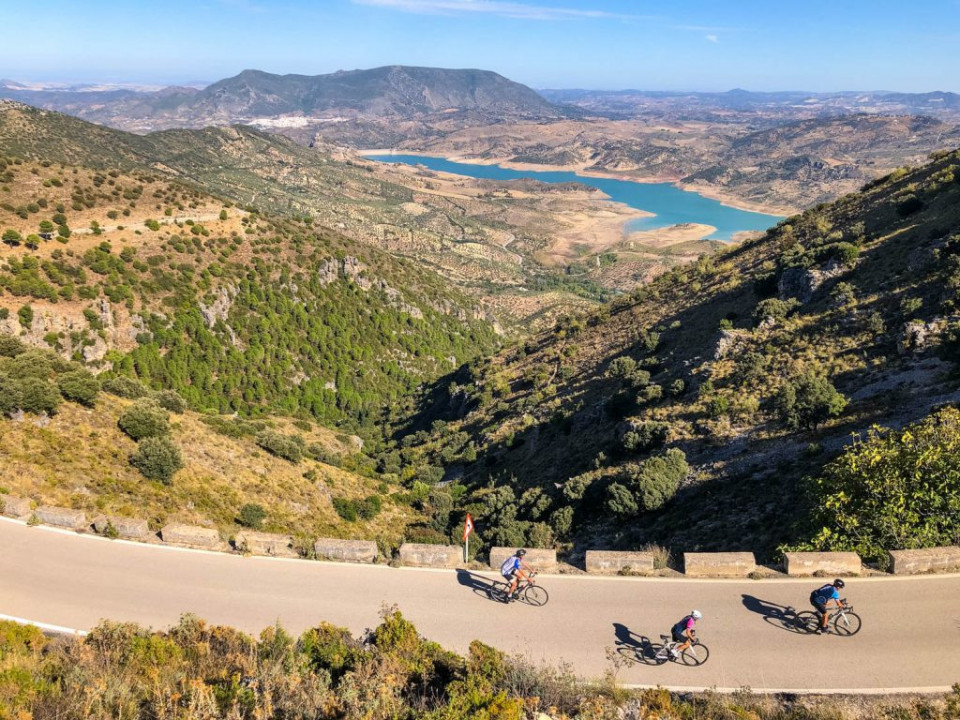 Cyclists in Sierra de Grazalema Andalusia Spain on road cycling holiday with Marmot Tours