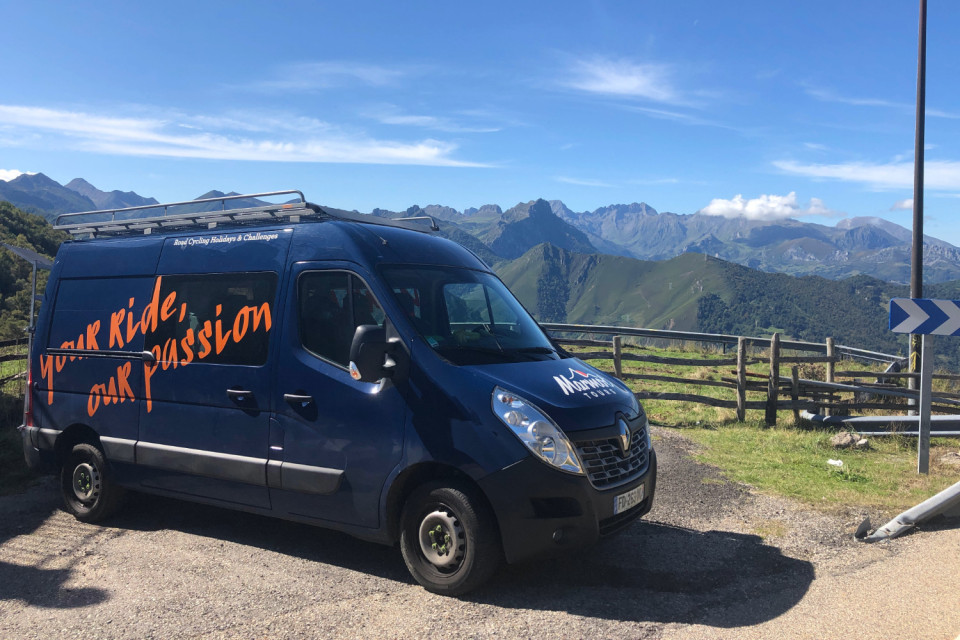marmot tours bespoke support van with picos mountains backdrop