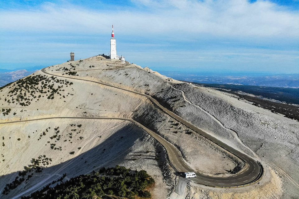 Aerial view of mont ventoux summit and weather beacon taken on marmot tours guided cycling holiday