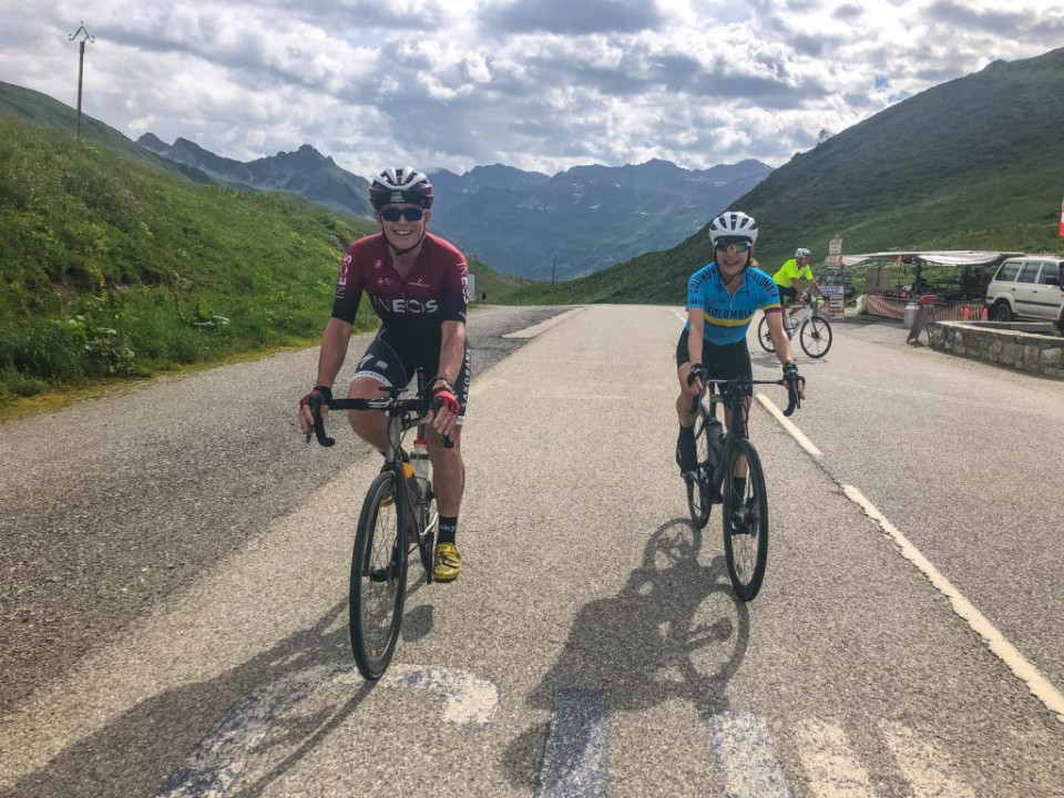 Pair of cyclists on Cormet de Roselend Raid Alpine cycling challenge with Marmot Tours