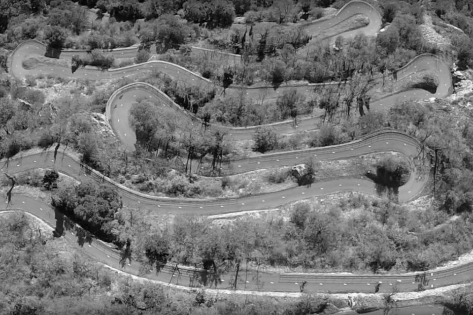 Drone view of the hairpins of the Lacets de Montvernier