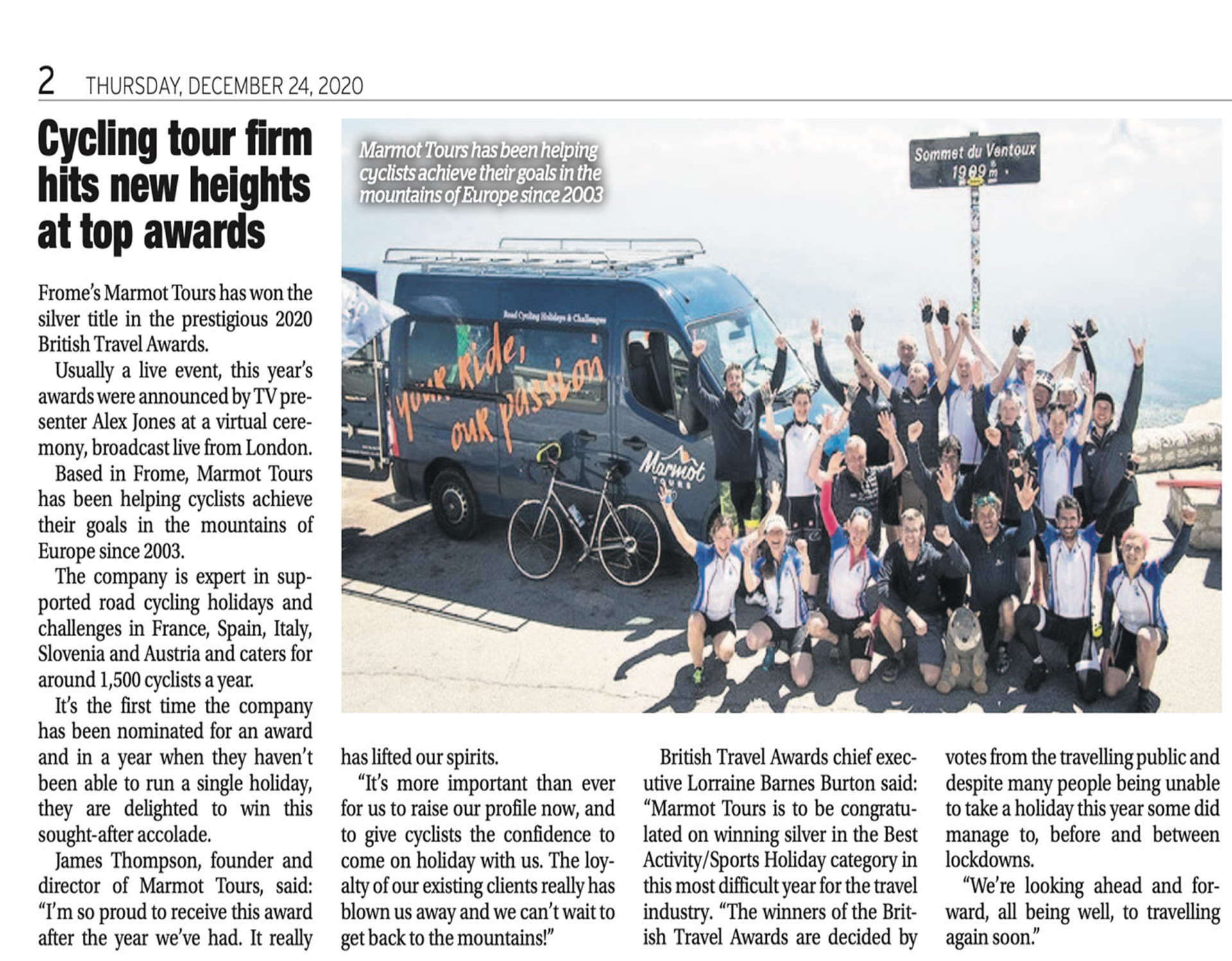 Bath Chronicle newspaper article on Marmot Tours winning British Travel Awards 2020