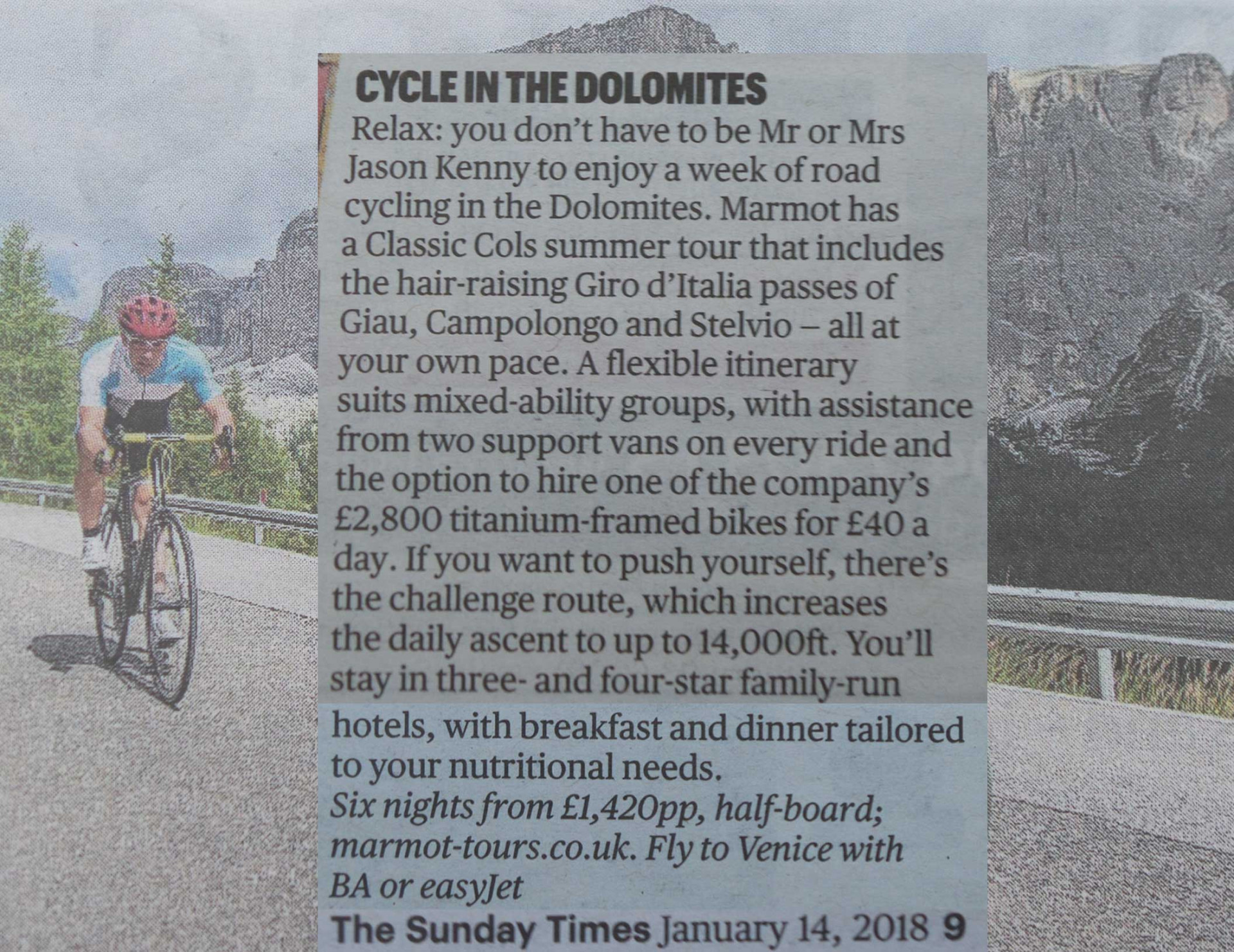 Sunday Times clipping of Marmot Tours Italian Dolomites & Stelvio road cycling tour