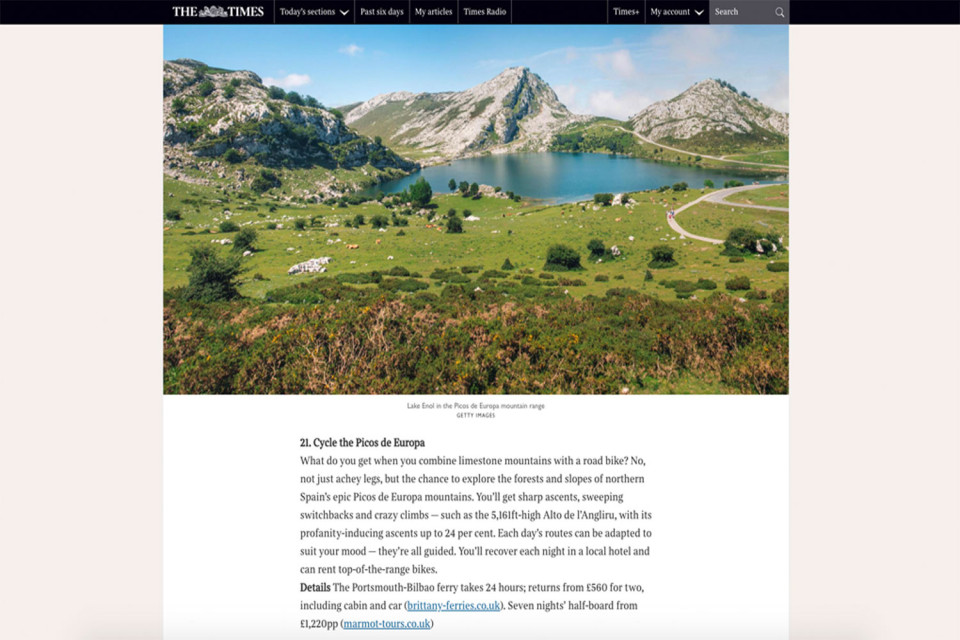 Online coverage of Marmot Tours Picos de Europa cycling holiday in The Times online