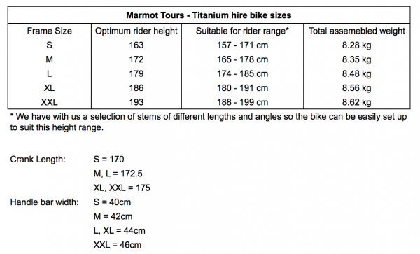 Bike Fit and Size chart for the Marmot Tours Titanium hire bikes.