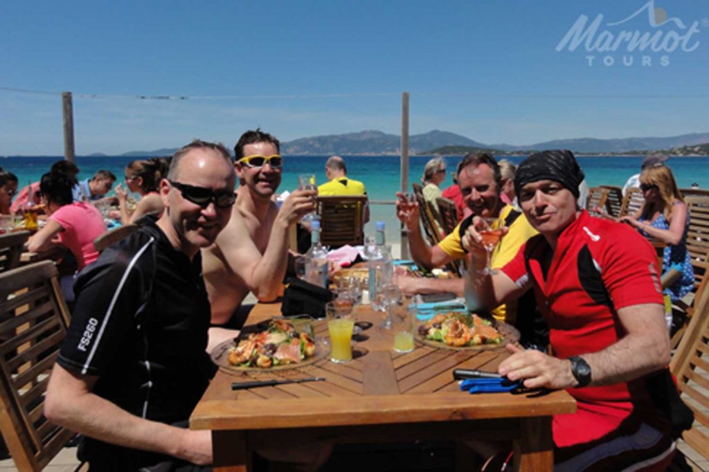 Lunch by the sea on Marmot Tours Raid Corsica cycling challenge