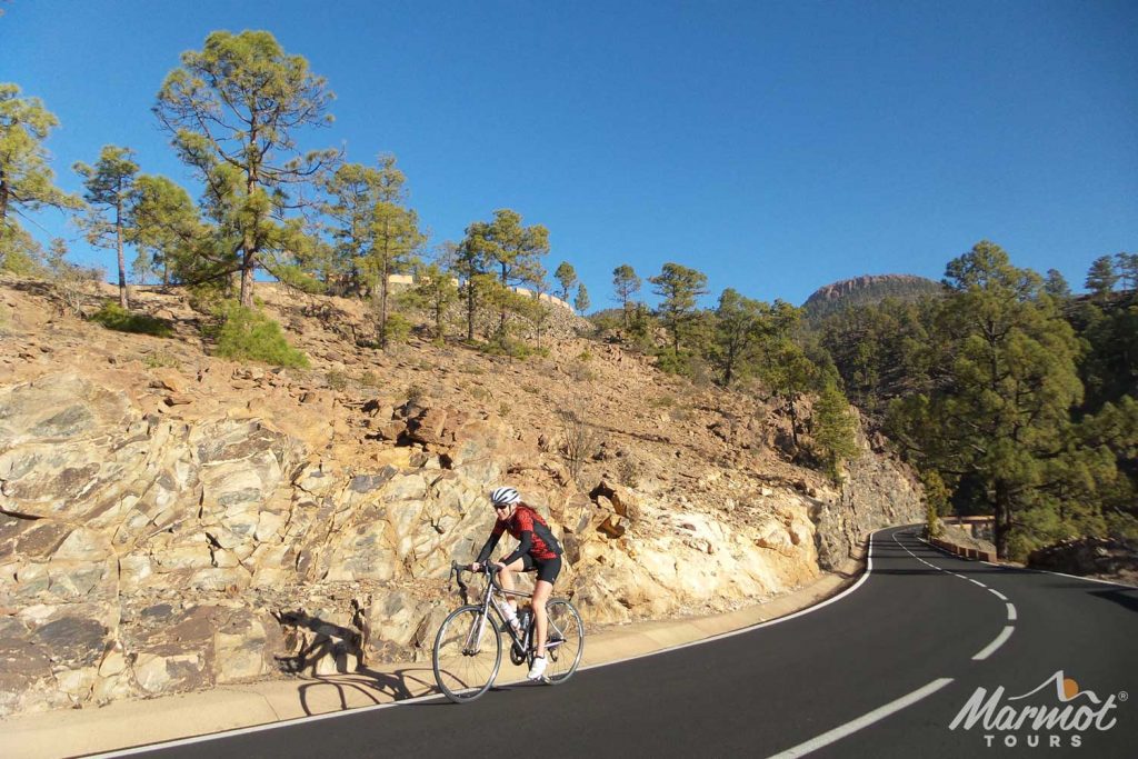 Female cyclist cycling in sun in Tenerife with Marmot Tours road cycling holidays