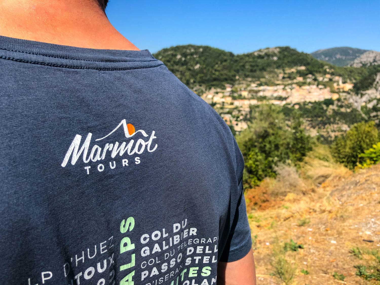 Marmot Tours European cycling holidays guide showing reverse of team t shirt