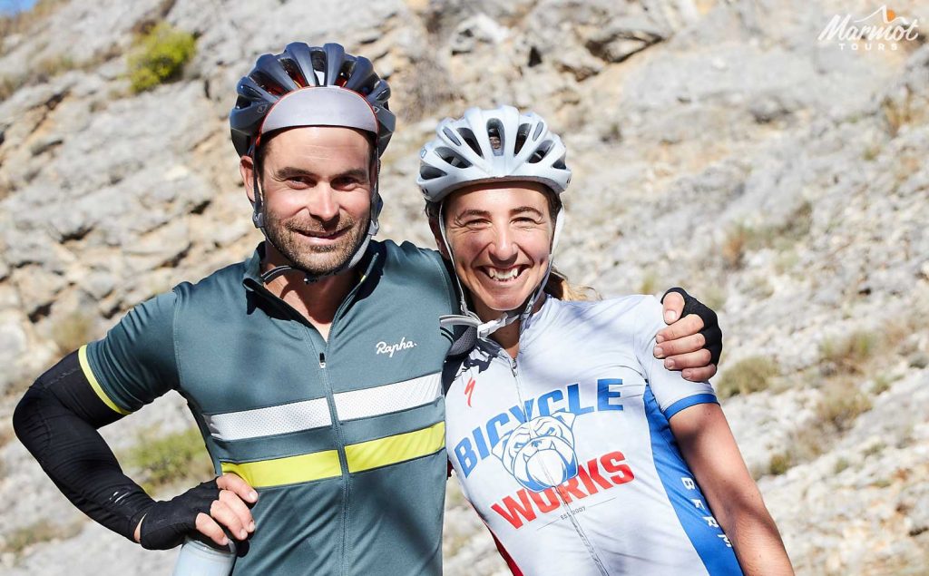 Couple of cyclists embracing on Marmot Tours road cycling holiday in Provence