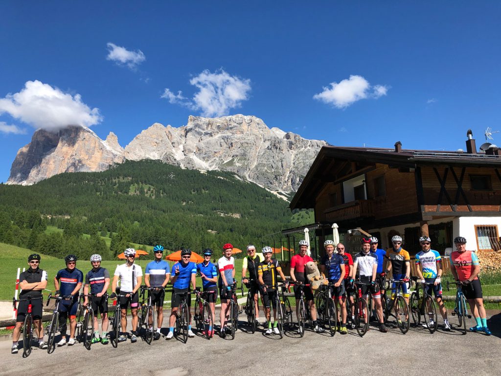 Large group of cyclists on Marmot Tours road cycling holidays in Italian Dolomites