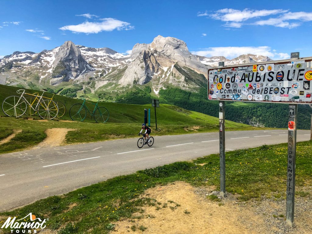 Cyclist on Col d'Aubisque on Marmot Tours supported Raid Pyrenean cycling challenge