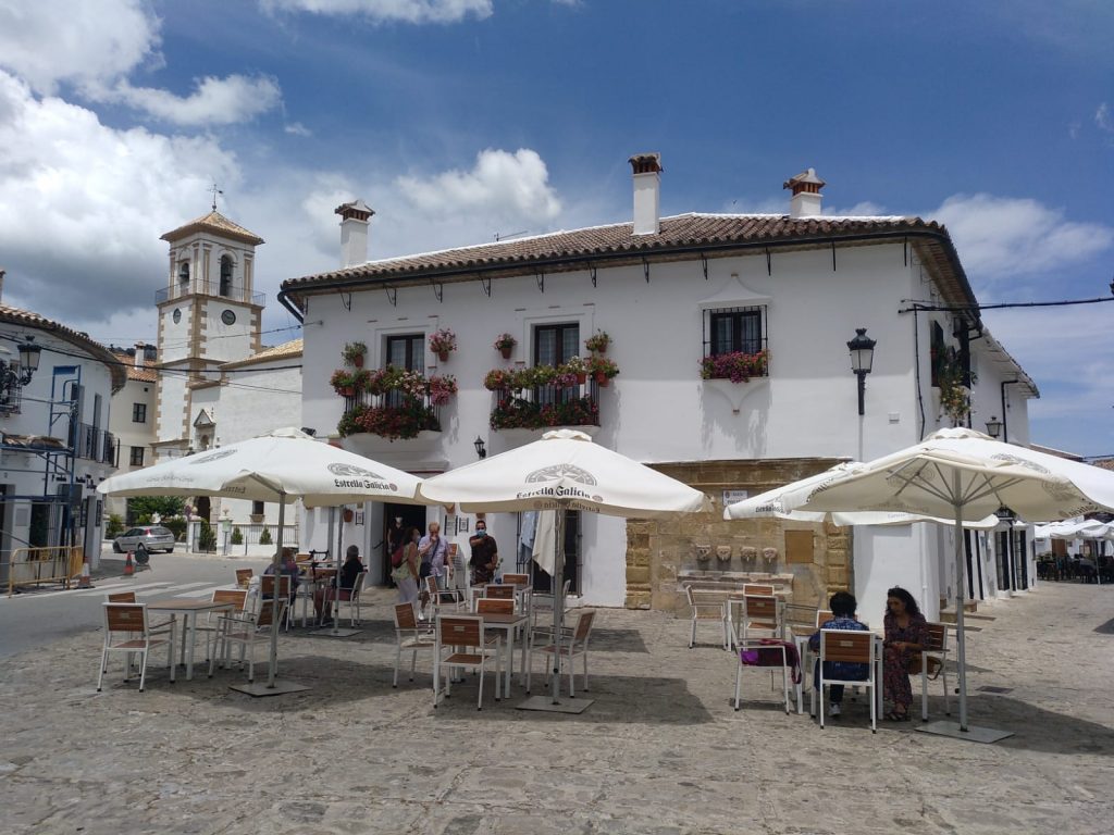 Restaurant in square in Andalusia on Marmot Tours guided cycling holiday in Spain