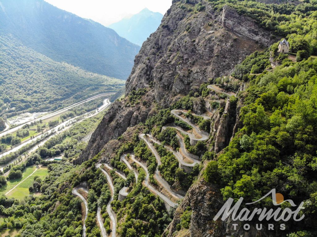 Aerial view of Lacets du Montvernier cycling climb with Marmot Tours road cycling holidays