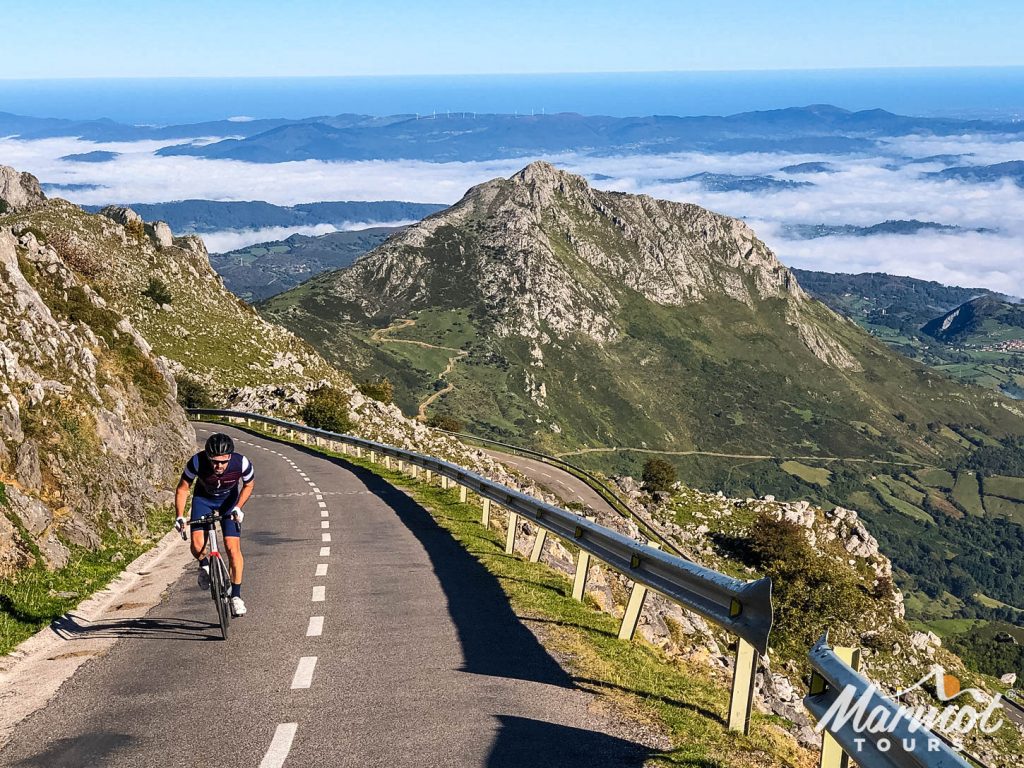 Cyclist on Alto de l'Angliru cycling climb on Marmot Tours road cycling holiday Northern Spain
