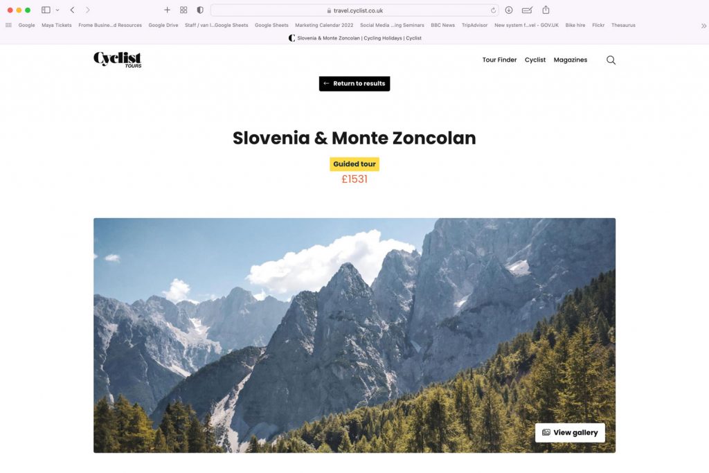 Webpage from Cyclist Tours website Marmot Tours road cycling in Slovenia Monte Zoncolan tour